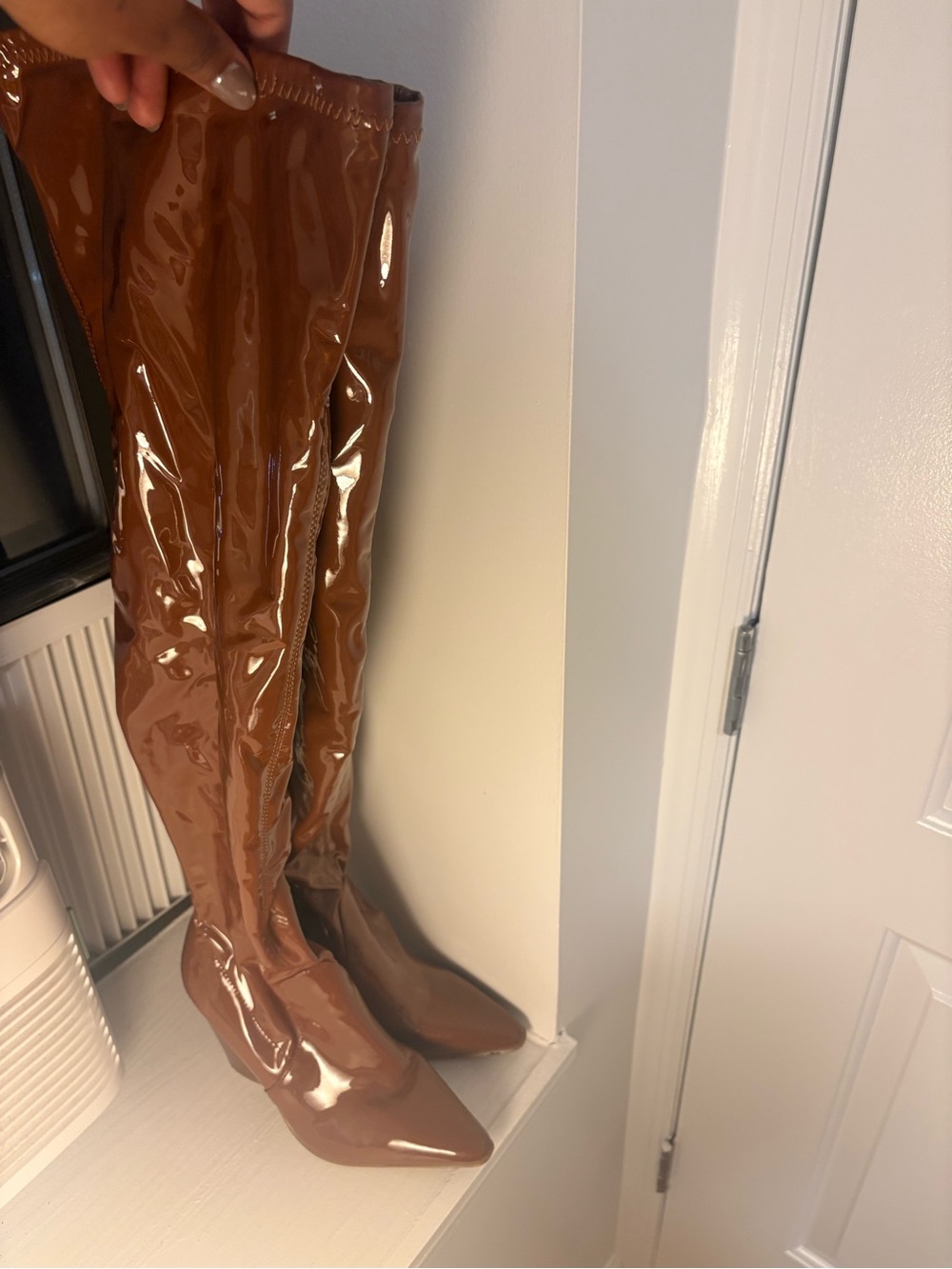 Jennifer Lopez Glossy Brown Over-the-Knee Pointed Toe Boots